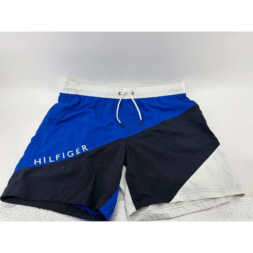 Tommy Hilfiger Mesh-Lined Contrast Stitch Swim Trunks, Men's Size Large